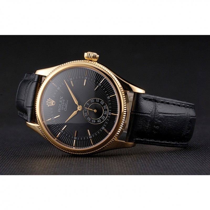 Swiss Rolex Cellini Black Dial Gold Case Black Leather Strap Replica Watches